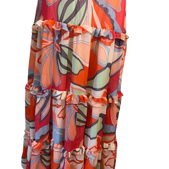 Alexis Maxi Dress Mixed Print Peach Floral Sleeveless Tiered Ruffles Boho XS - Picture 10 of 16